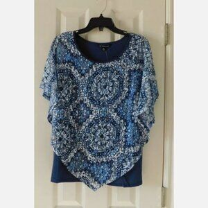 Zac &Rachel Top Draped Sleeveless Lace Layered Blue PXL NEW